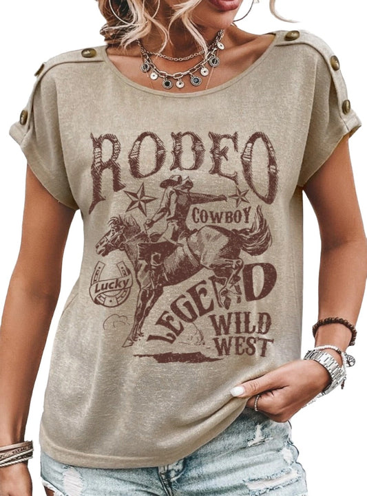 Rodeo Cowboy Legend Tee with button details on shoulders