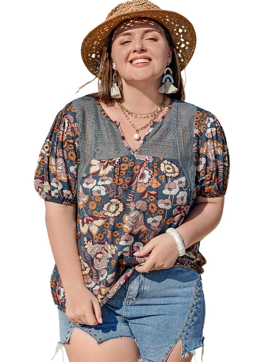 Floral Charm Plus Size Blouse with vibrant bohemian floral pattern
