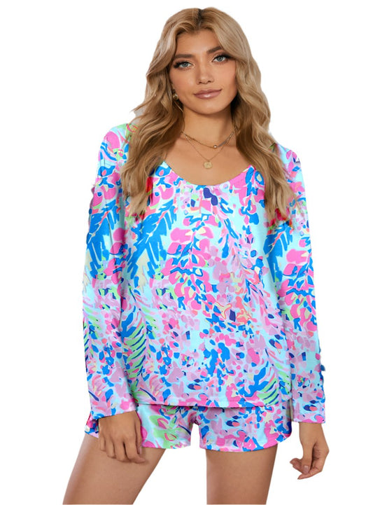 Round Neck Printed Long Sleeve Lounge Set - Whimsical Appalachian Boutique