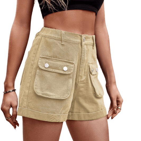 Shop the versatile Cuffed Denim Shorts in sand, green, or black. Perfect blend of style, comfort, and utility for your everyday adventures.