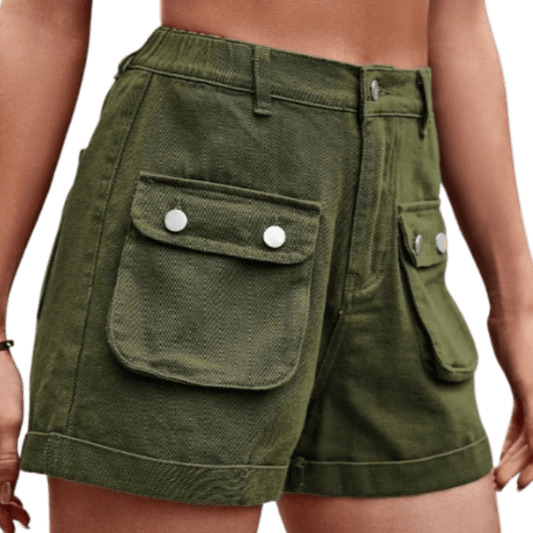 Shop the versatile Cuffed Denim Shorts in sand, green, or black. Perfect blend of style, comfort, and utility for your everyday adventures.