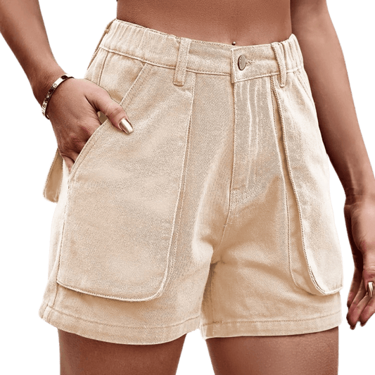 Shop Buttoned Cargo Denim Shorts in earthy umber, chic green, or neutral sand. Perfect blend of style, comfort, and practicality for every day.
