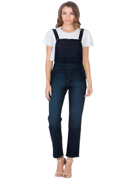 Front view of women’s adjustable strap denim overalls in dark wash.