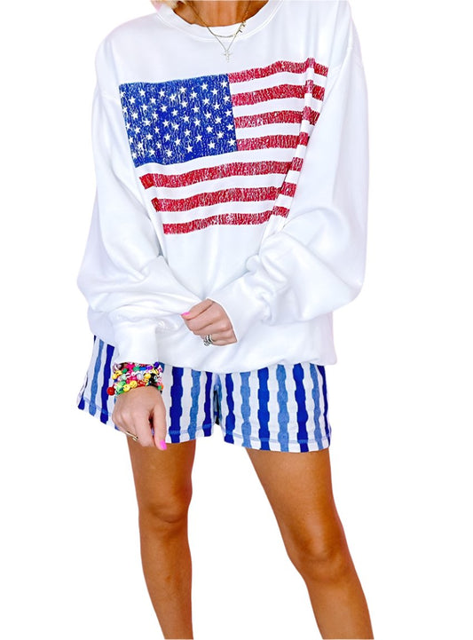 Front view of American flag graphic sweatshirt for women