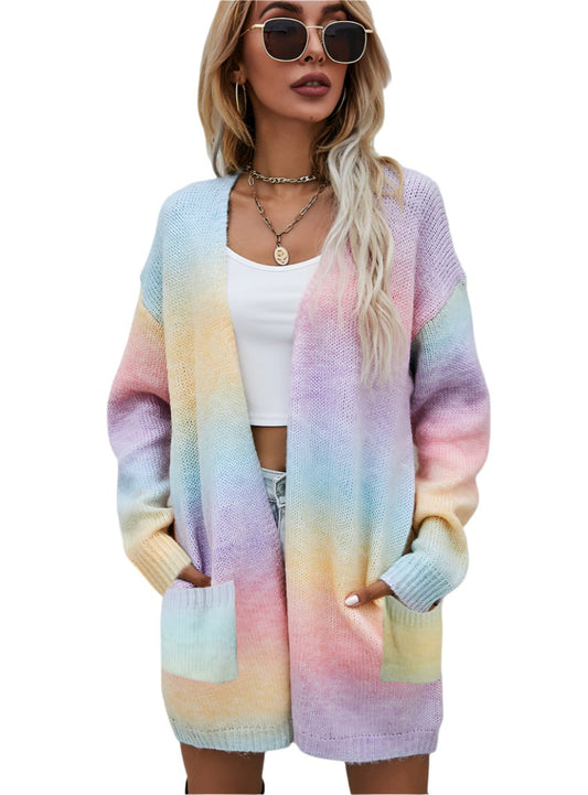 Front view of blush pink gradient open-front cardigan with pockets