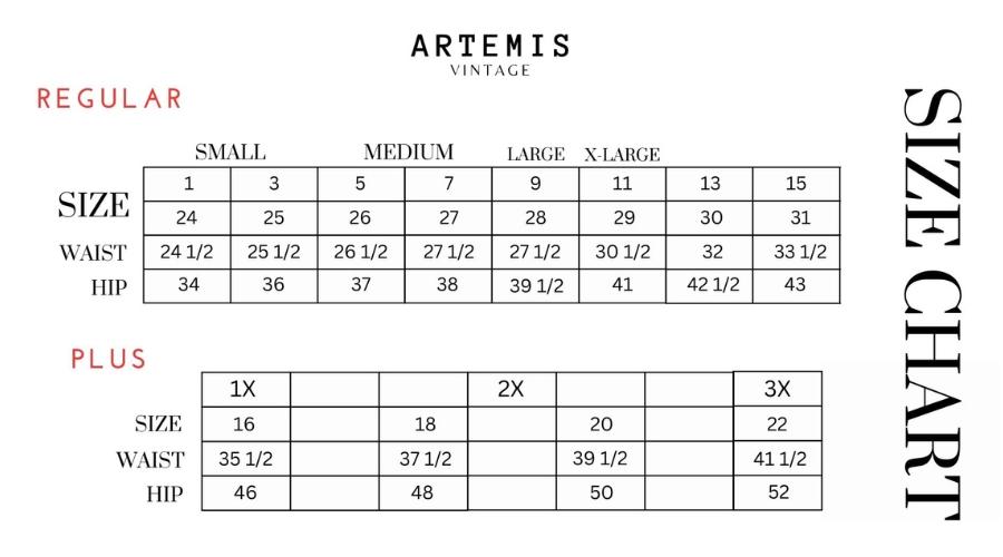 Artemis Vintage Jeans Size Chart