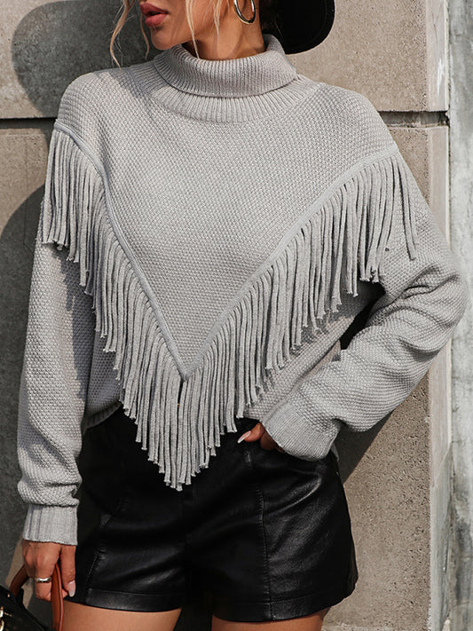 Stylish gray fringe sweater with cozy turtleneck | boho aesthetic