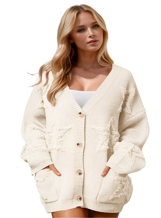 Beige star-patterned cardigan with button-up closure.