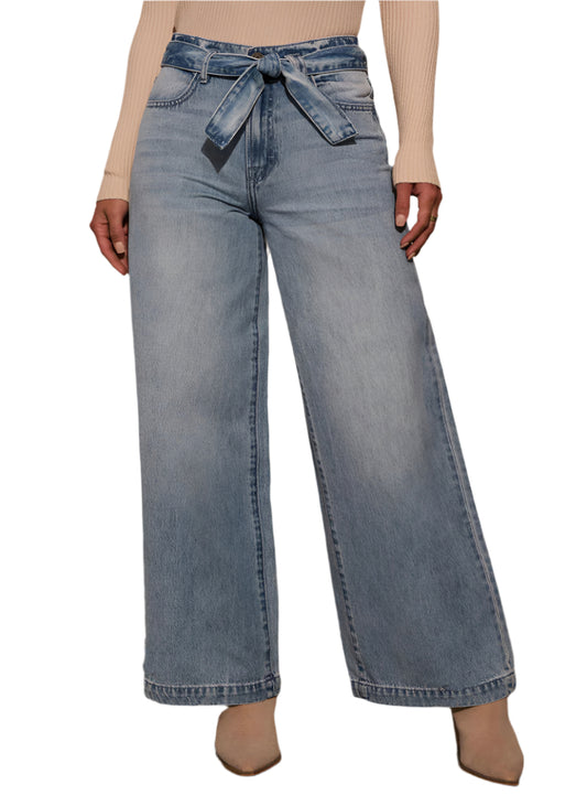 Front view of belted high-waist wide-leg jeans in light wash showcasing elegant design.