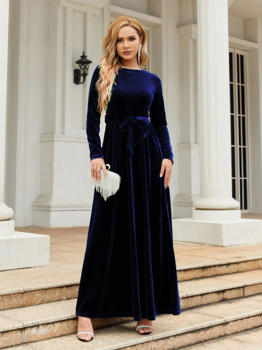 Blue belted round neck velvet dress