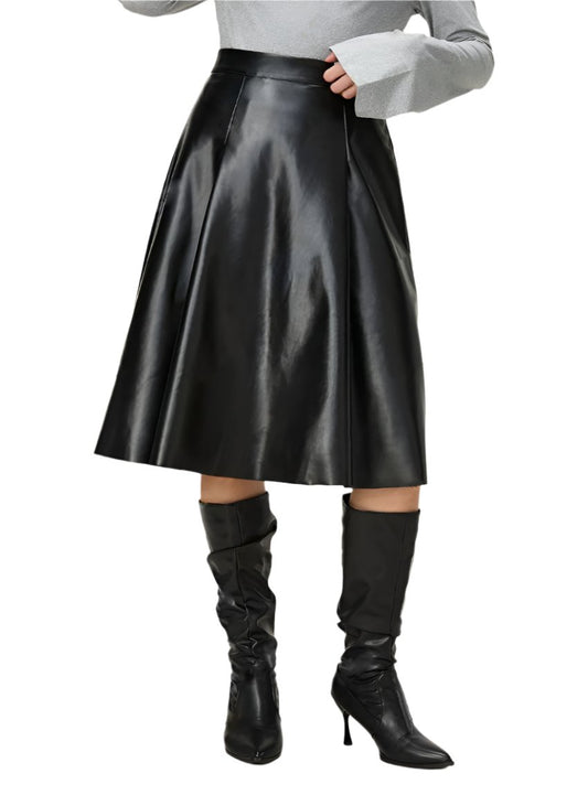 Black faux leather A-line skirt with high-waist fit and smooth finish.