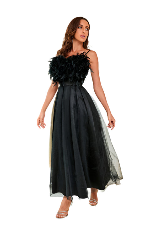 Front view of a black feather sling mesh dress with a tulle overlay and high waist.