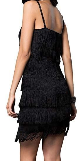 Back view of a black fringe dress with adjustable straps, great for a night out.
