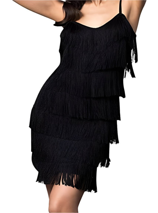 Front view of a black fringe mini dress with adjustable straps, perfect for dancing.