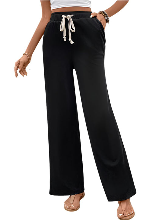Black high waist wide leg drawstring pants for women, front view.