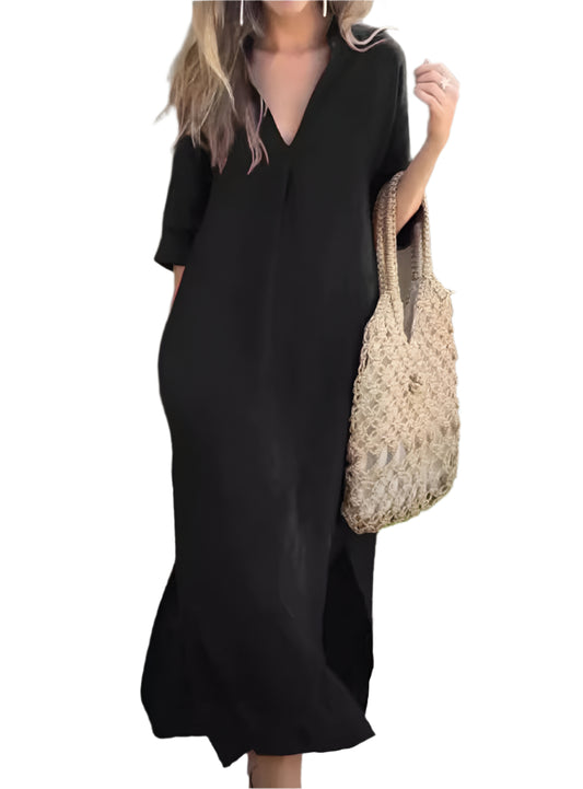 Black notched neck half-sleeve midi dress with pockets