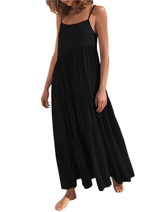 Black ruched tiered spaghetti strap dress