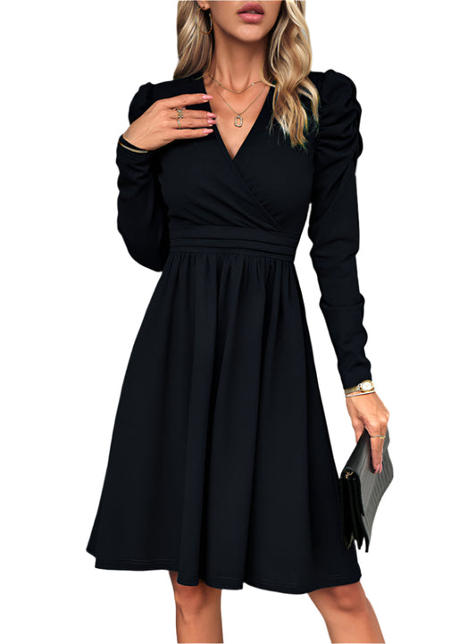 Front view of a black V-neck long sleeve dress with a flattering A-line silhouette