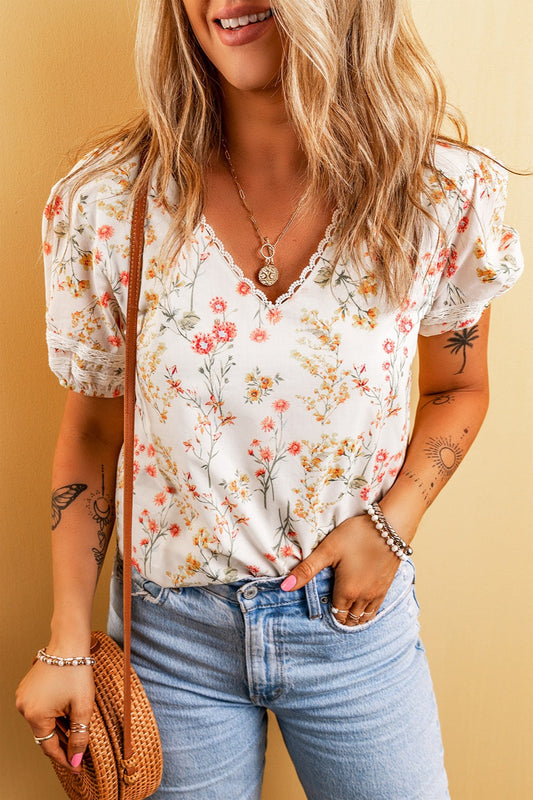 Printed V-Neck Puff Sleeve Blouse - Whimsical Appalachian Boutique