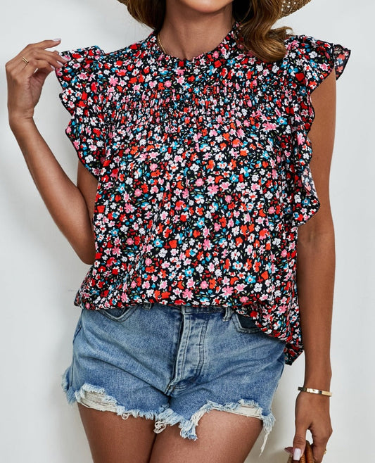 Ruffled Ditsy Floral Mock Neck Cap Sleeve Blouse - Whimsical Appalachian Boutique