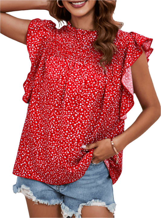 Ruffled Ditsy Floral Mock Neck Cap Sleeve Blouse - Whimsical Appalachian Boutique