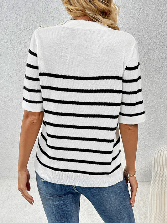Striped Round Neck Half Sleeve Knit Top - Whimsical Appalachian Boutique