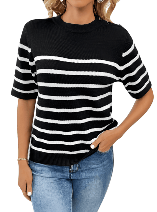 Striped Round Neck Half Sleeve Knit Top - Whimsical Appalachian Boutique