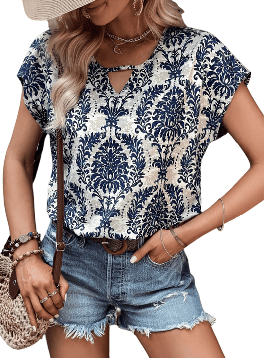 Damask Print Short Sleeve Blouse - Whimsical Appalachian Boutique