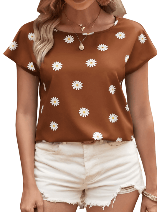 Daisy Printed Round Neck Short Sleeve Blouse - Whimsical Appalachian Boutique