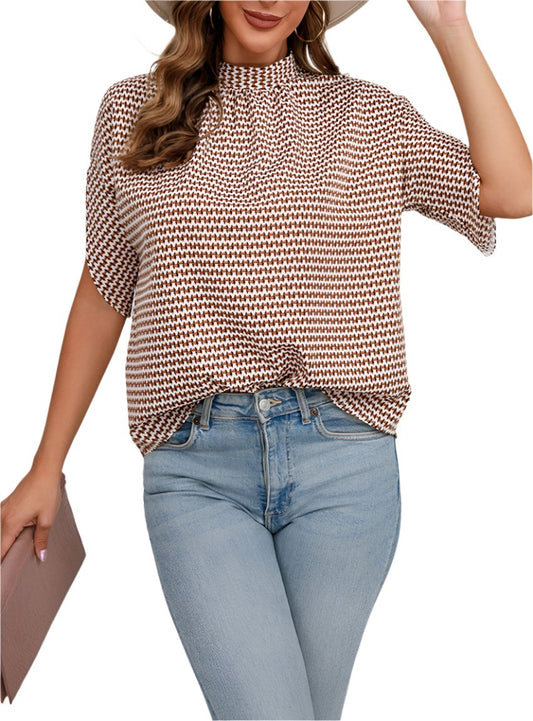 Printed Tie Neck Half Sleeve Blouse - Whimsical Appalachian Boutique