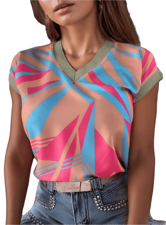 Contrast V-Neck Cap Sleeve Blouse