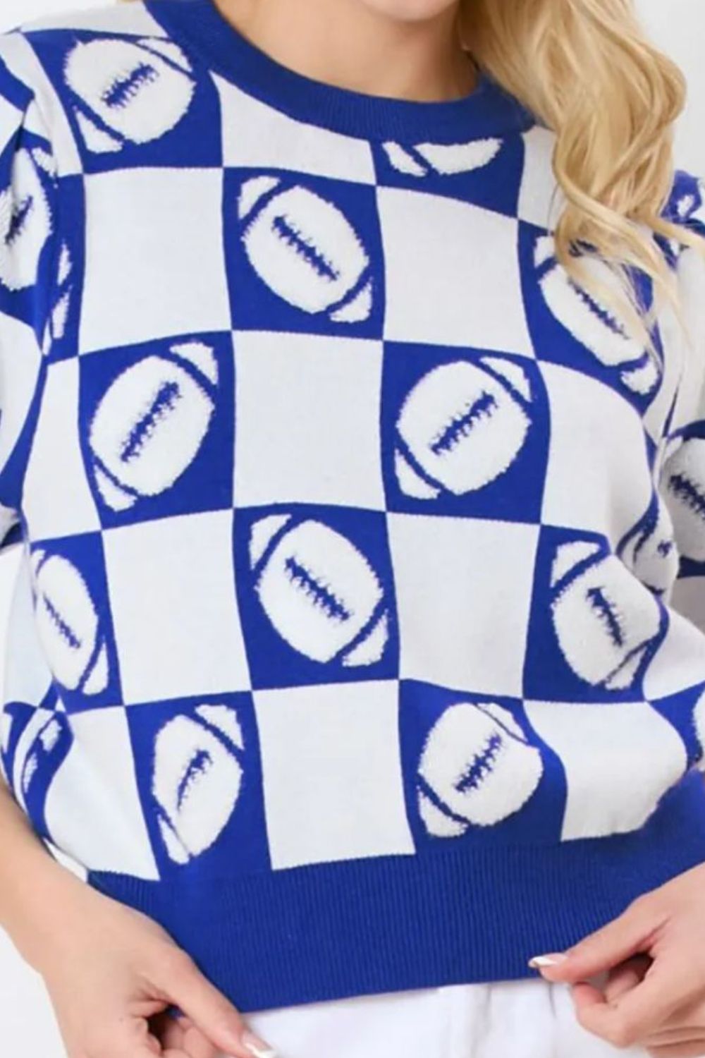 Checkerboard Football Puff Sleeve Sweater
