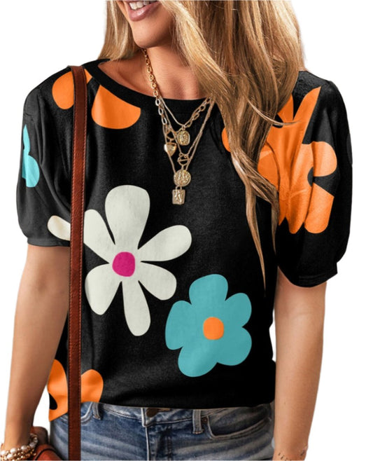 Flower Round Neck Short Sleeve Blouse - Whimsical Appalachian Boutique