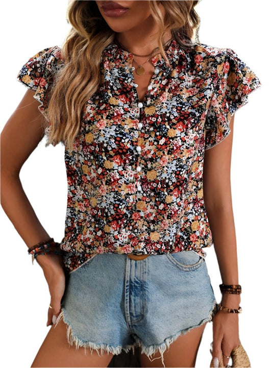 Floral Notched Cap Sleeve Blouse - Whimsical Appalachian Boutique