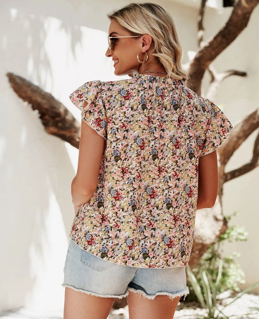 Floral Notched Cap Sleeve Blouse - Whimsical Appalachian Boutique