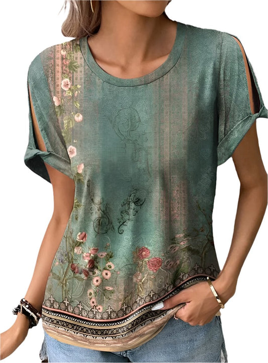 Cutout Printed Round Neck Short Sleeve Blouse - Whimsical Appalachian Boutique