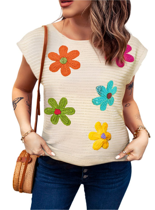 Flower Round Neck Cap Sleeve Knit Top - Whimsical Appalachian Boutique