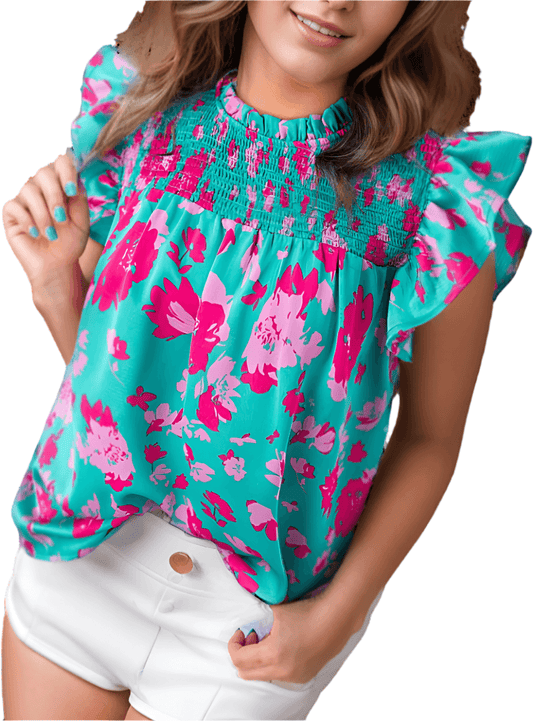 Ruffled Printed Mock Neck Cap Sleeve Blouse - Whimsical Appalachian Boutique