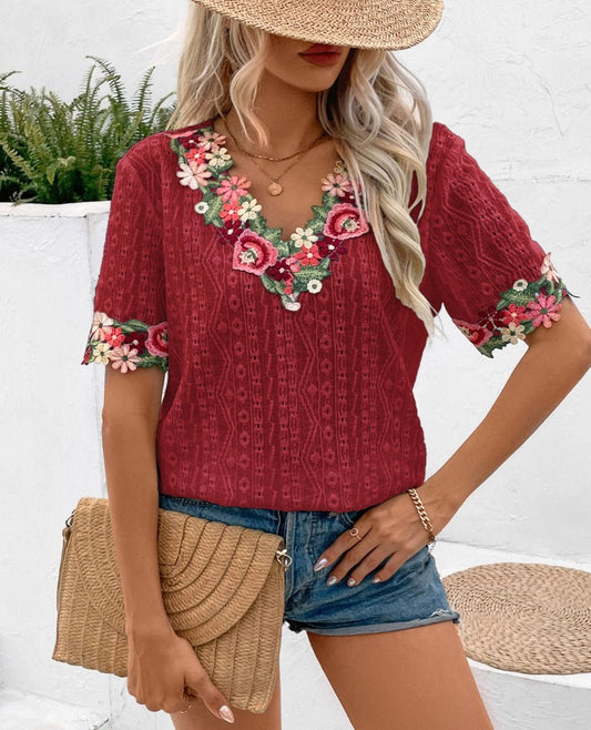 Eyelet Embroidered V-Neck Short Sleeve Blouse - Whimsical Appalachian Boutique
