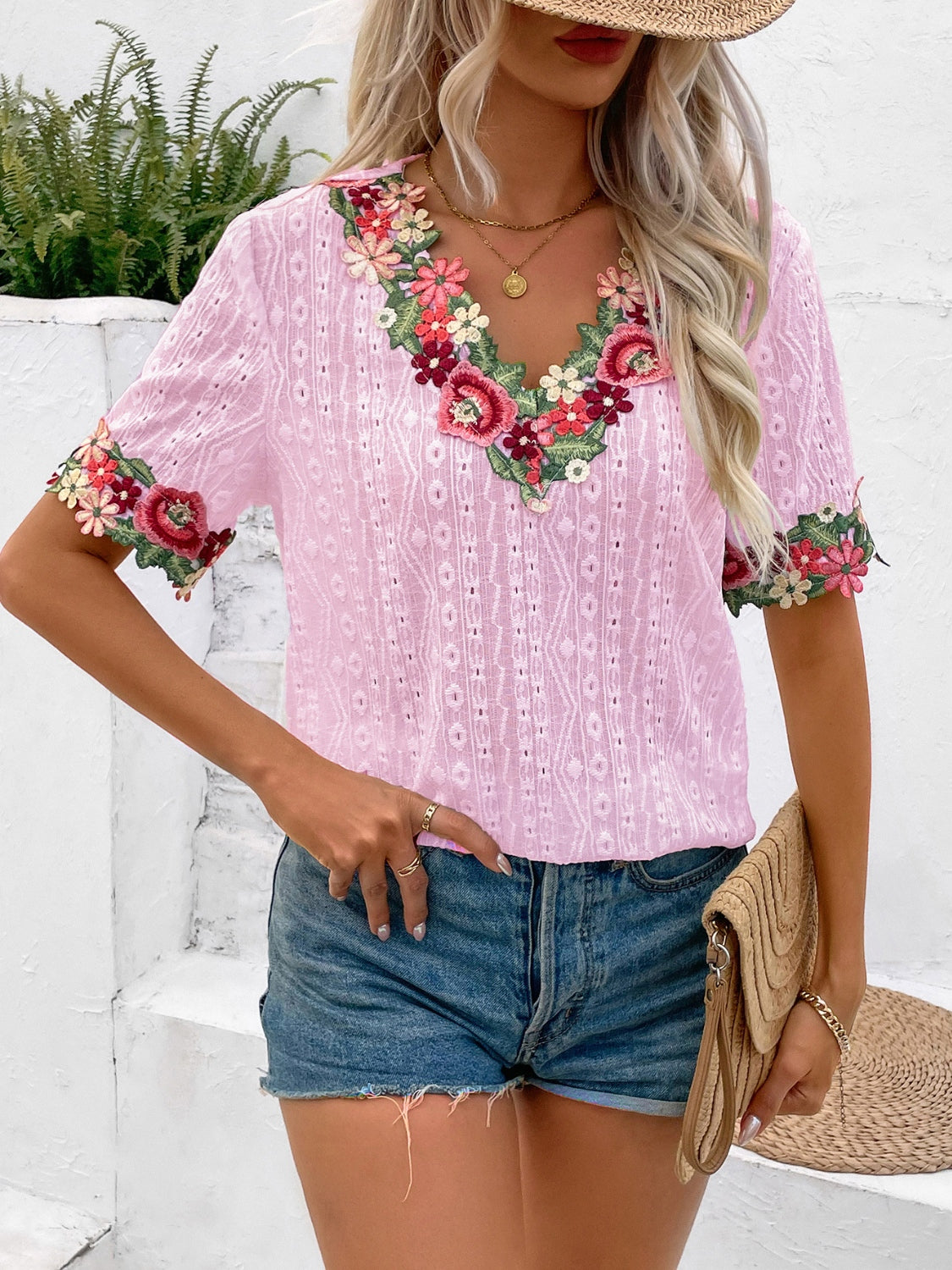 Eyelet Embroidered V-Neck Short Sleeve Blouse - Whimsical Appalachian Boutique