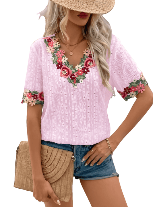 Eyelet Embroidered V-Neck Short Sleeve Blouse - Whimsical Appalachian Boutique