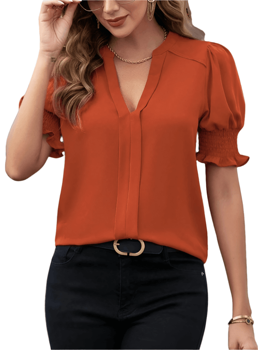 Notched Neck Short Sleeve Blouse - Whimsical Appalachian Boutique