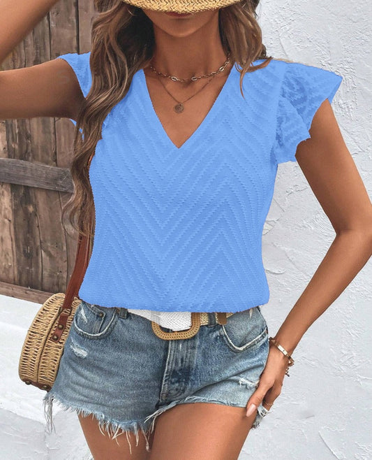 Textured V-Neck Cap Sleeve Blouse - Whimsical Appalachian Boutique