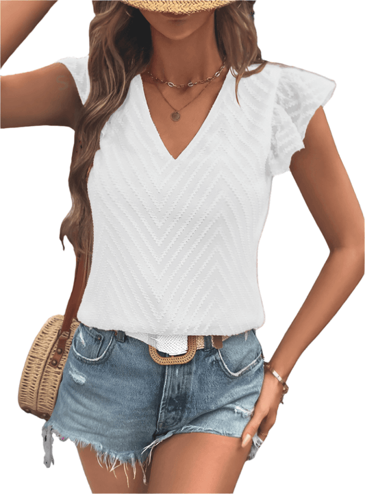 Textured V-Neck Cap Sleeve Blouse - Whimsical Appalachian Boutique