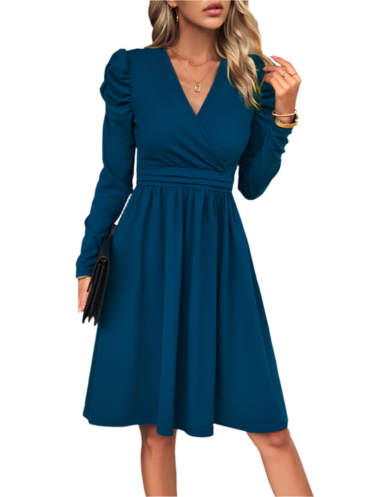 Front view of a blue V-neck long sleeve dress with an A-line silhouette