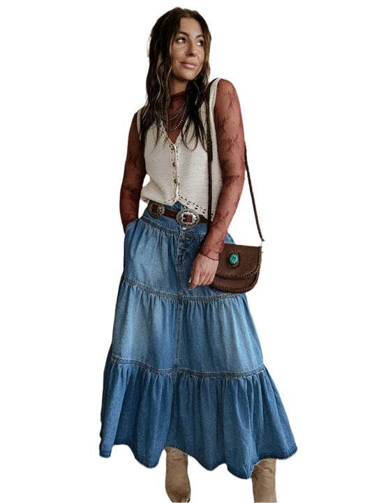 Front view of bohemian A-line layered denim skirt