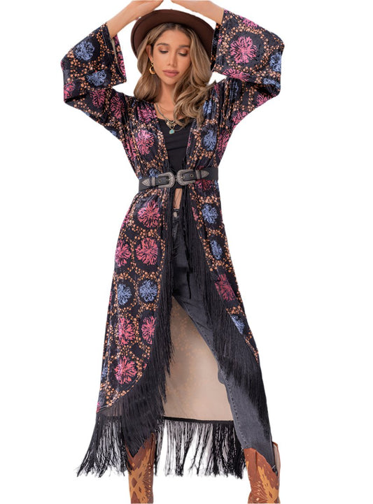 front view of boho fringe open-front kimono