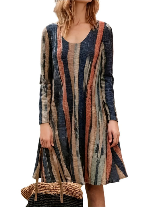 Boho striped long sleeve swing dress with a flowy A-line silhouette.