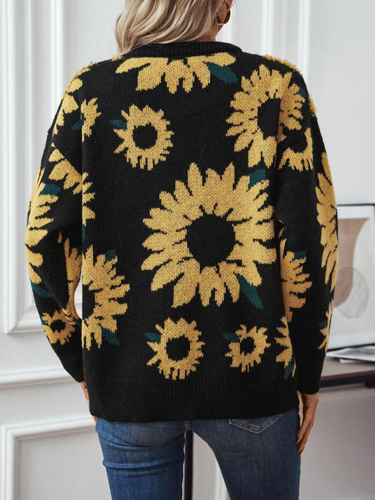 sunflower knit sweater with vibrant floral patterns | boho aesthetic
