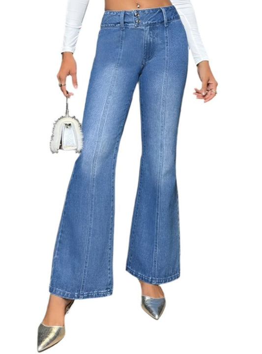 Front view of classic blue Bootcut Denim Jeans with buttoned detail and pockets.